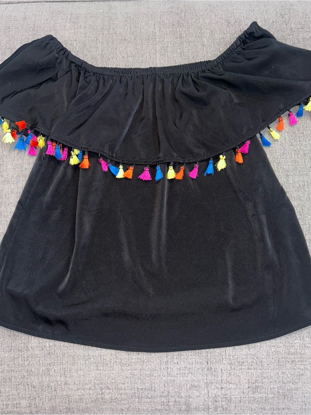 INC International Concepts Black Off-Shoulder Top with Multicolor Tassels